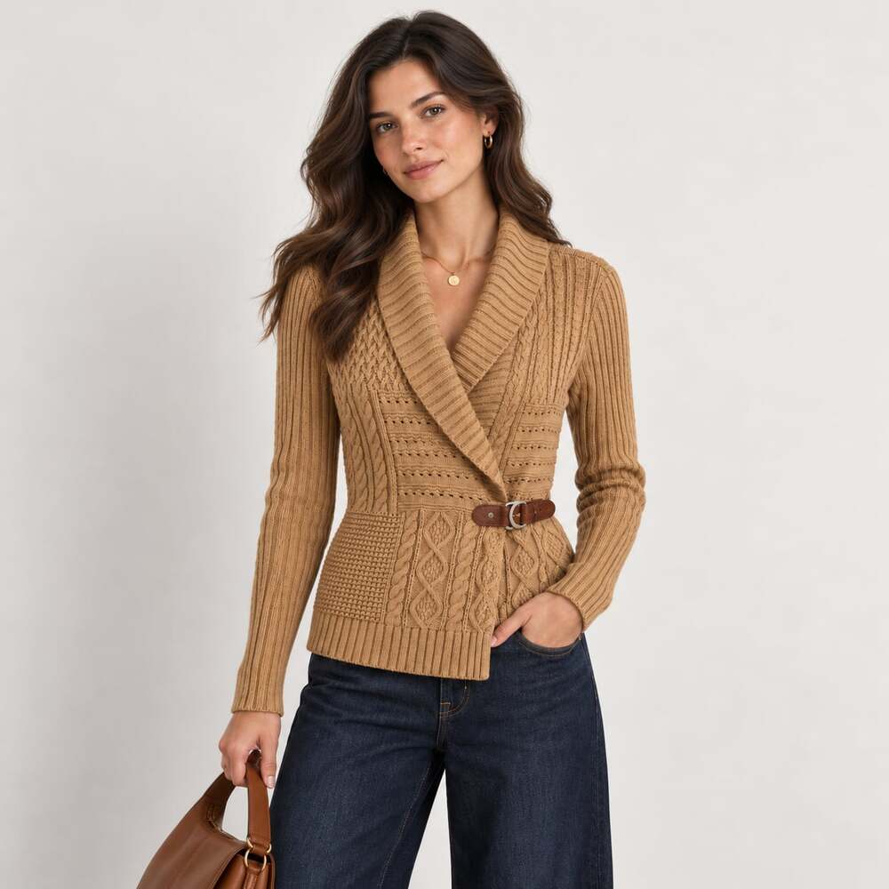 Lauren Ralph Lauren Buckled Cotton Cable Knit Shawl Cardigan Sweater Preppy M